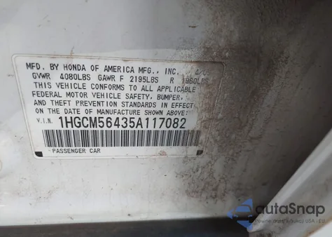 2005 Honda Accord 2.4 Lx from USA, damaged, VIN 1HGCM56435A117082